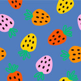 a repeating pattern of stylized, colorful fruits against a blue background. The fruits include strawberries, oranges, and bananas, each with a unique shape and color. The pattern is vibrant and playful, with the fruits arranged in a visually appealing manner.
