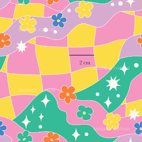 a colorful pattern with flowers and stars on it