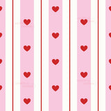 a repeating pattern of pink and white stripes with red heart shapes scattered throughout.
