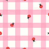a repeating pattern of pink and white checkered squares, each containing a small red ladybug.