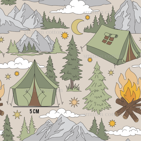 a camping scene with a tent and campfire