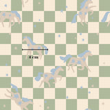 a pattern of stylized horses and stars on a checkered background.