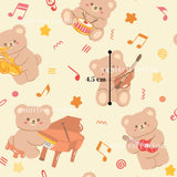 The image is a repeating pattern of cartoon teddy bears playing musical instruments, such as a piano, guitar, and drums, along with various musical notes and shapes.