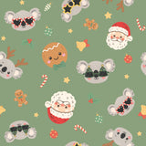 The image is a seamless pattern featuring various cartoon-style animal faces, including koalas, Santa Claus, and other festive elements such as gingerbread cookies, Christmas trees, and ornaments.