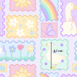 The image is a colorful and whimsical collage featuring various shapes, patterns, and illustrations, including flowers, a rainbow, a goose, and a sun.