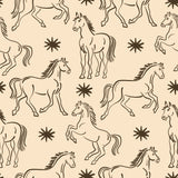 a repeating pattern of stylized horse silhouettes against a light background, with small star-like shapes scattered throughout the pattern.