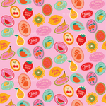 a pink background with a bunch of fruit on it