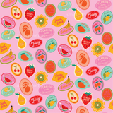 a pink background with a bunch of fruit on it