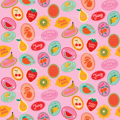 a pink background with a bunch of fruit on it