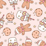 a repeating pattern of various cute and whimsical objects, including cookies, a gingerbread man, a cup, and stars, all set against a pink background.