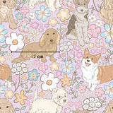 The image is a repeating pattern of various dog breeds, including a Corgi, a Dachshund, and a Poodle, against a background of colorful flowers and leaves.