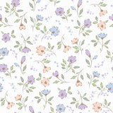 a repeating pattern of various flowers and leaves in different shades of blue, pink, and green against a white background.