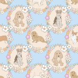 The image is a repeating pattern of various dog breeds, each surrounded by a wreath of flowers in different colors.
