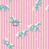 a pattern of stylized horses with white stars on a pink and purple striped background.
