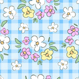 a repeating pattern of colorful flowers and leaves on a blue and white checkered background.