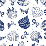 a repeating pattern of various seashells and bows in shades of blue and white.