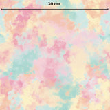 The image is a vibrant and colorful abstract pattern with various shades of pink, blue, green, and yellow. The pattern appears to be a textile or fabric design, with a cloud-like texture and a gradient effect. The image does not contain any discernible objects or actions, and the overall composition is visually appealing and dynamic.