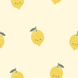 a repeating pattern of yellow lemons with smiling faces, arranged in a grid-like layout against a light background.