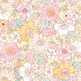 a floral pattern with many flowers on a yellow background