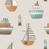 a pattern of boats and lighthouses on a white background