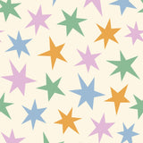 a repeating pattern of colorful stars in various shades of green, orange, and pink against a light background.