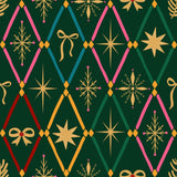 a repeating pattern of various Christmas-themed elements, including snowflakes, stars, and bows, all set against a dark green background.