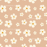 a repeating pattern of white flowers with yellow centers against a light peach background.
