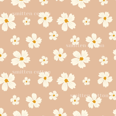 a repeating pattern of white flowers with yellow centers against a light peach background.