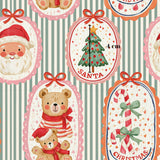 The image is a collage of Christmas-themed illustrations, including Santa Claus, a teddy bear, a Christmas tree, and candy canes.