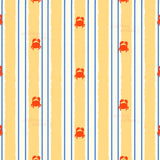 a repeating pattern of orange and white striped lines, with small red crab illustrations placed at the center of each line.