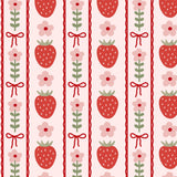 a repeating pattern of red strawberries, pink flowers, and green leaves arranged in a vertical line.