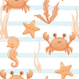 a variety of sea creatures, including a crab, a seahorse, a starfish, and a starfish, all set against a striped background.