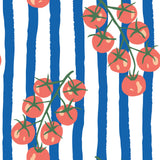 a repeating pattern of red tomatoes growing on a branch against a background of blue and white vertical stripes.