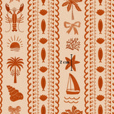 a repeating pattern of various tropical and marine-themed illustrations, including a lobster, palm tree, starfish, seashells, and a sailboat, all rendered in a warm, orange color scheme.
