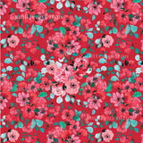 The image is a vibrant and colorful floral pattern, featuring a variety of pink and red flowers interspersed with green leaves. The pattern is composed of numerous individual flowers and leaves, creating a visually striking and dynamic design.