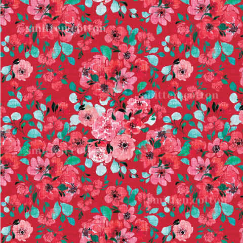 The image is a vibrant and colorful floral pattern, featuring a variety of pink and red flowers interspersed with green leaves. The pattern is composed of numerous individual flowers and leaves, creating a visually striking and dynamic design.