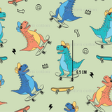 a pattern of dinosaurs riding skateboards and skateboards