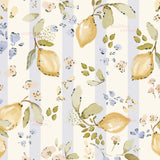 The image is a repeating pattern of various fruits and flowers, including lemons and other citrus fruits, against a striped background.