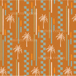 an orange background with palm trees and squares