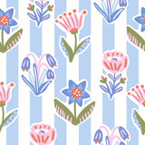 a repeating pattern of stylized flowers and leaves on a striped background.