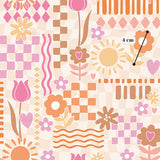The image is a vibrant and colorful abstract pattern featuring various shapes, flowers, and geometric designs in shades of pink, orange, and yellow.
