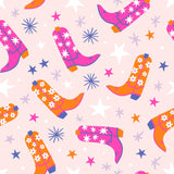 a repeating pattern of colorful cowboy boots and stars on a light pink background.