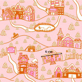 The image is a whimsical, cartoon-style illustration of a snowy village scene, featuring various buildings, trees, and a winding path.