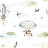 The image is a watercolor painting featuring various whimsical scenes with animals, such as a bear, a bird, and a monkey, floating in the air and interacting with each other. The background includes clouds, islands, and stars, creating a dreamy and fantastical atmosphere.