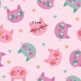 a repeating pattern of cartoon cat faces with heart-shaped eyes, flowers, and other decorative elements against a pink background.