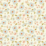 a repeating pattern of light blue flowers with orange and green leaves against a light beige background.