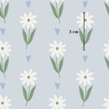 a repeating pattern of white daisies with green leaves against a light blue background. The daisies are arranged in a grid-like pattern, and there is a small line indicating the height of the daisies, which is 3 cm.