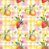 The image is a repeating pattern of various fruits and flowers on a yellow and pink checkered background.