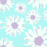 a repeating pattern of stylized white and purple flowers against a light blue background.