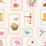 a variety of colorful and whimsical illustrations, including flowers, insects, and other nature-inspired elements. The illustrations are framed and arranged in a grid-like pattern, creating a visually appealing and cohesive design.